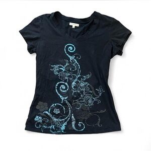 Warehouse Black and Blue Floral Short Sleeve Top